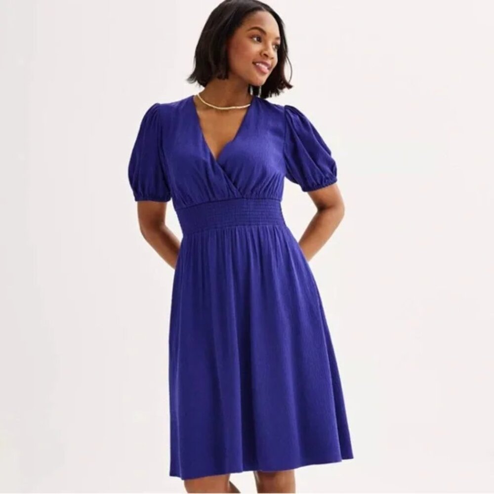 Draper James RSVP Blue Puff Sleeve Smocked Waistโ Faux Wrap Midi Dress Size XXL